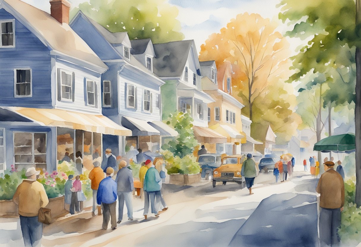 Vermont real estate market bustling with activity, economic indicators on display. Buyers and sellers engaging in transactions, construction and development projects in progress