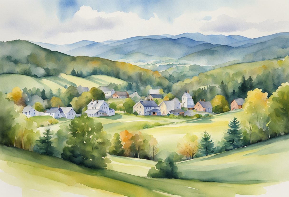 A scenic landscape of Vermont with rolling hills, quaint towns, and picturesque properties. A mix of residential and commercial real estate, showcasing the diverse opportunities for successful investing