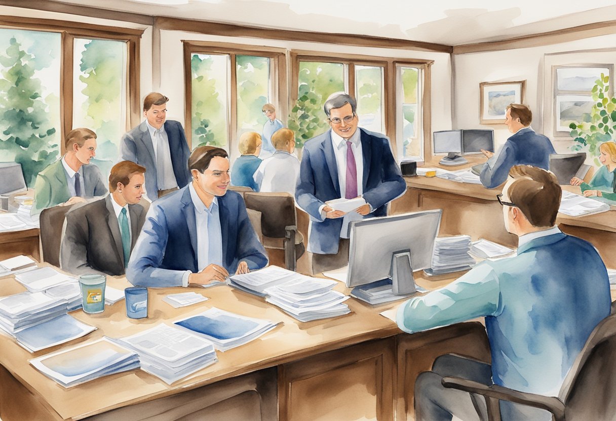 A bustling real estate office in Vermont, with agents and clients discussing investment opportunities. Signs and brochures highlight FAQ about investing in the state