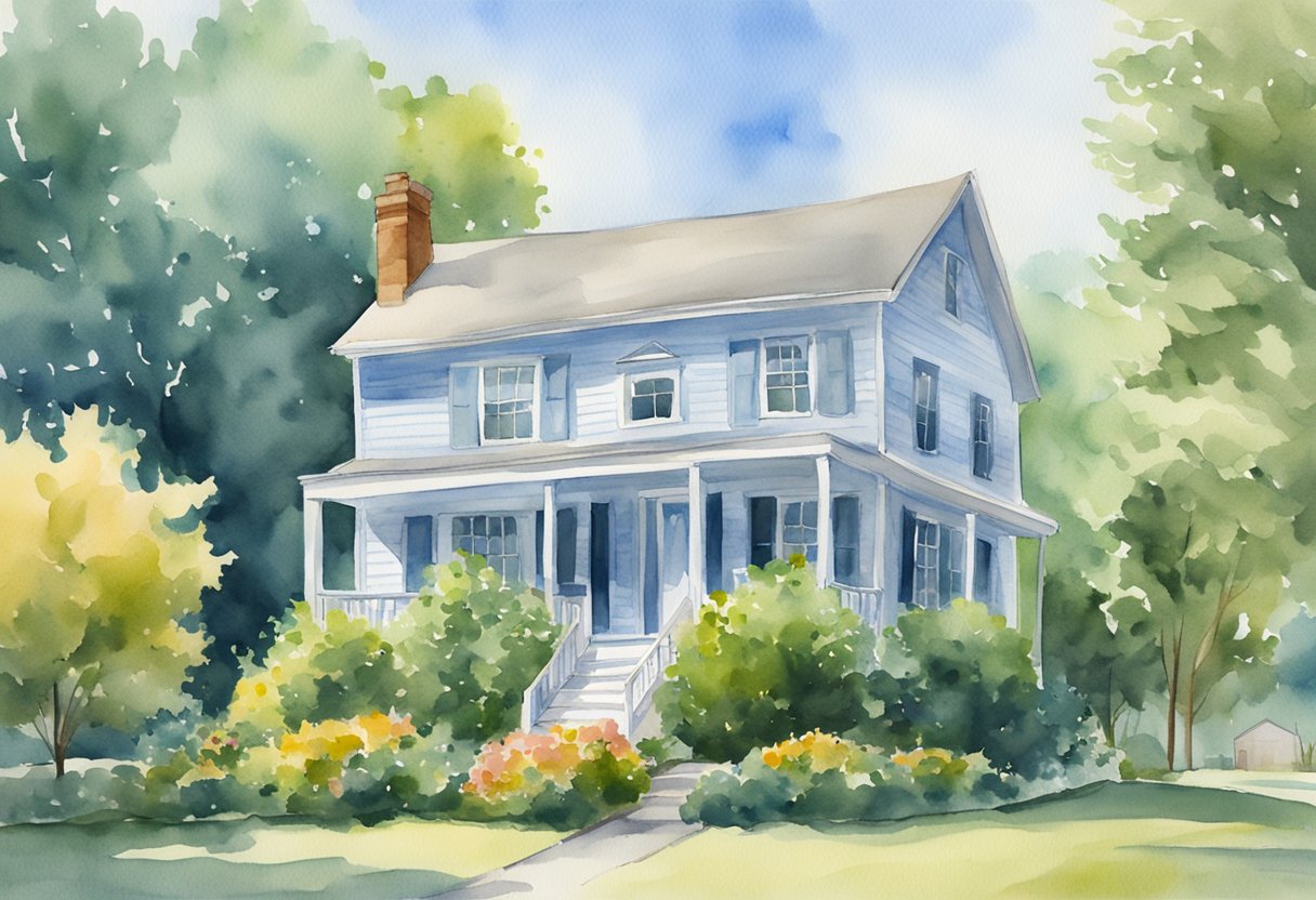 A house with a "For Sale" sign in front, surrounded by trees and a clear blue sky, symbolizing real estate investing in Virginia