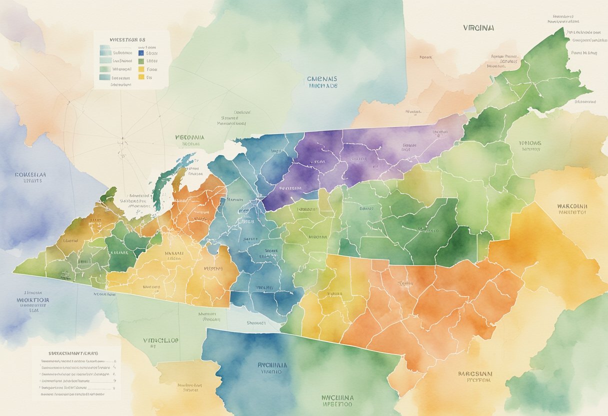 A map of Virginia divided into regions with data charts and graphs representing market analysis for real estate investing
