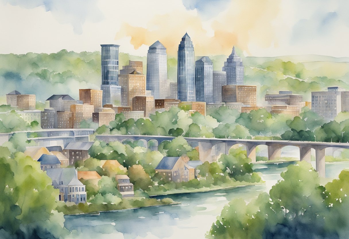A bustling city skyline with diverse properties in Virginia, including residential, commercial, and industrial buildings, surrounded by lush greenery and a river
