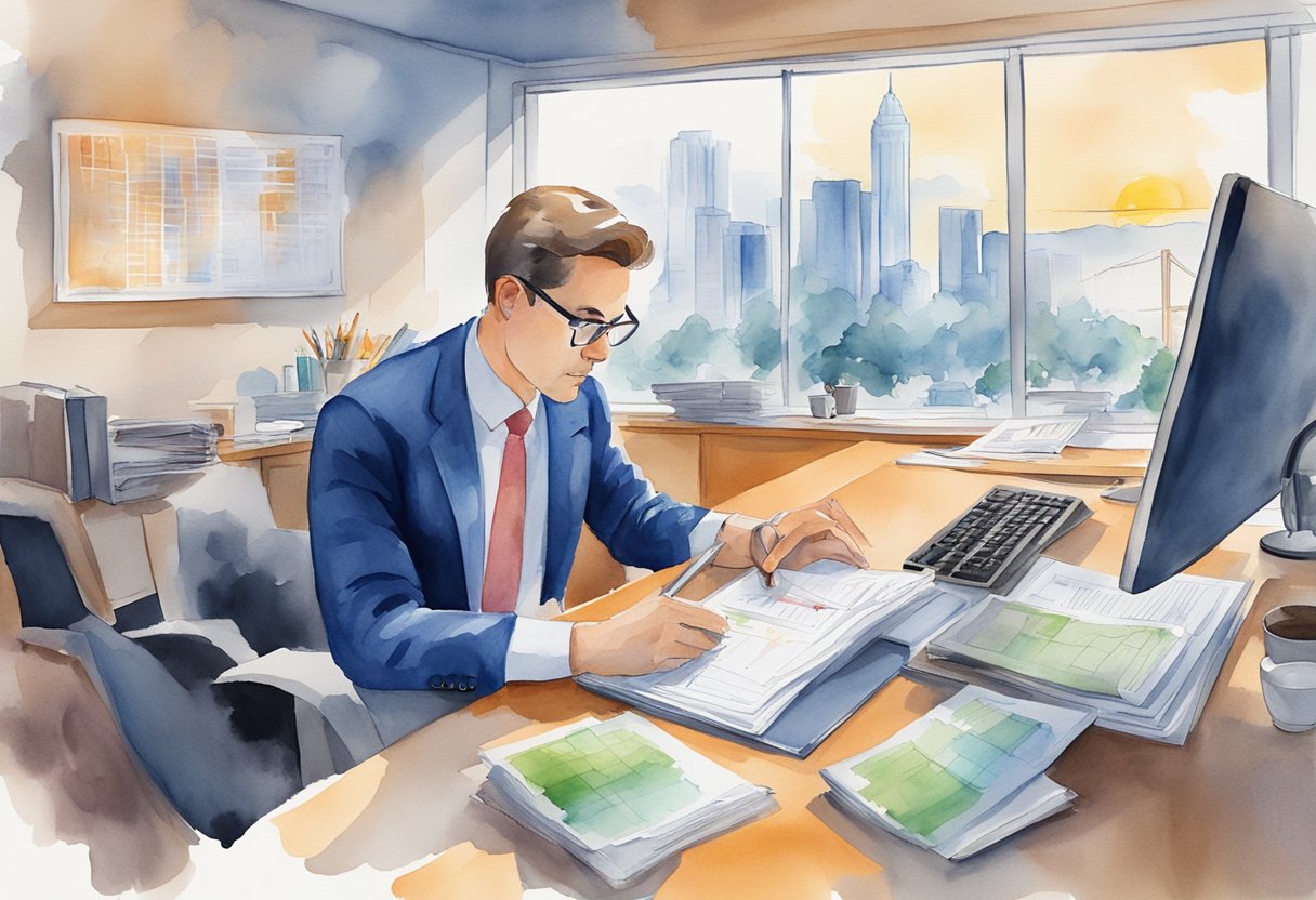An investor studying real estate data in Washington, analyzing charts and graphs, surrounded by financial reports and a computer