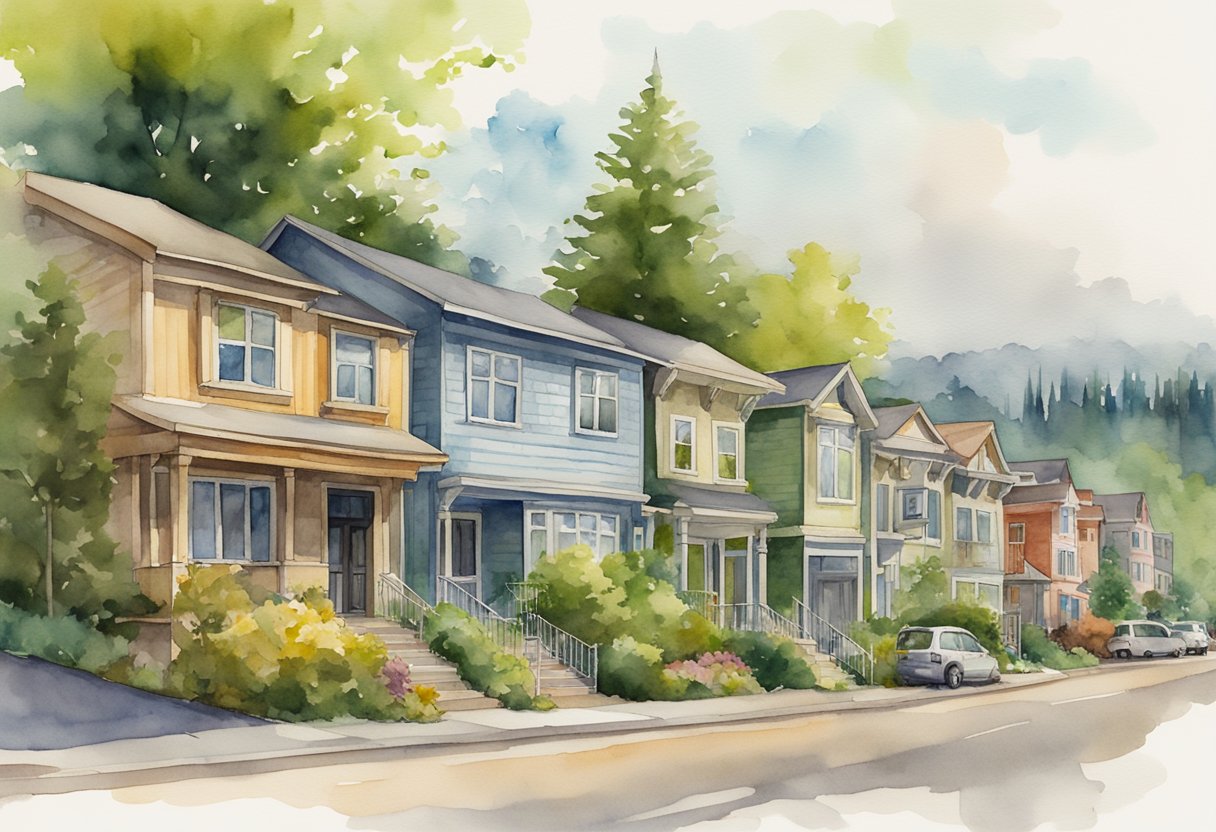 A row of diverse real estate properties in Washington state, including residential, commercial, and industrial buildings, with a mix of modern and historic architecture, surrounded by lush greenery and a vibrant cityscape in the background