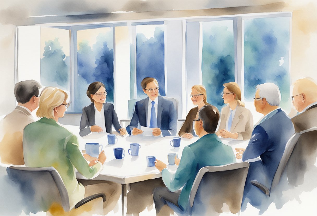 A group of professionals gather at a real estate seminar in Washington, exchanging business cards and discussing investment strategies