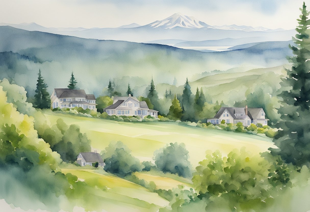 A serene Washington landscape with various real estate properties, including residential homes, commercial buildings, and vacant land, surrounded by lush greenery and mountains in the distance