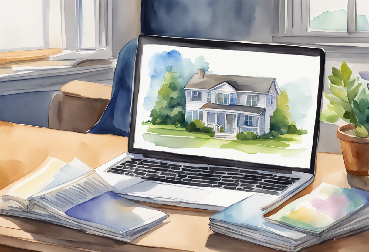 A stack of real estate books and a laptop open to a webpage titled "Frequently Asked Questions: Real Estate Investing in Washington" on a desk