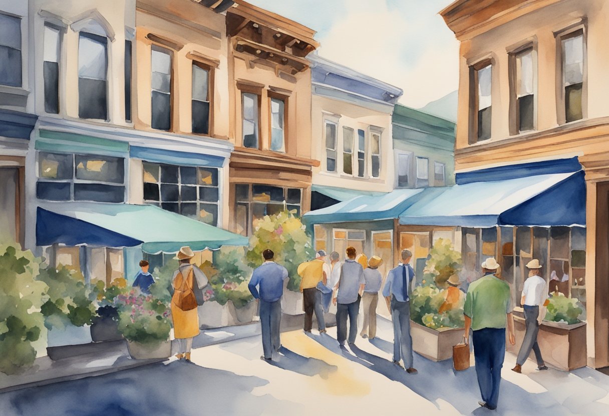 A bustling real estate market in West Virginia, with investors analyzing properties and discussing potential deals. Signs of growth and opportunity are evident in the vibrant atmosphere