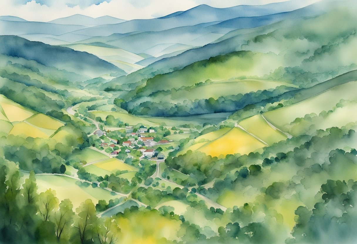 Aerial view of scenic West Virginia landscapes with focus on potential investment properties and key locations for real estate development