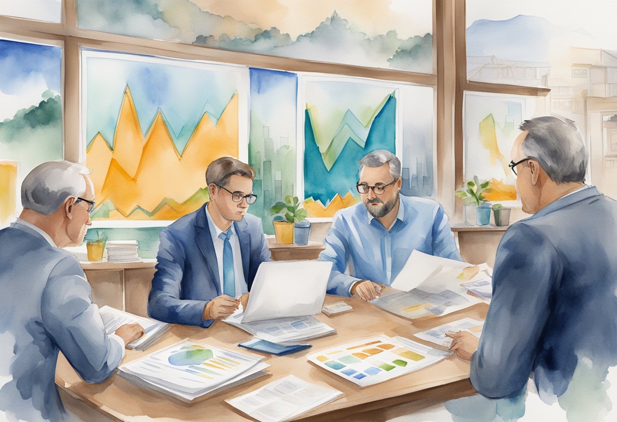 A group of investors strategize in a bustling market, surrounded by charts and graphs, discussing real estate opportunities in West Virginia