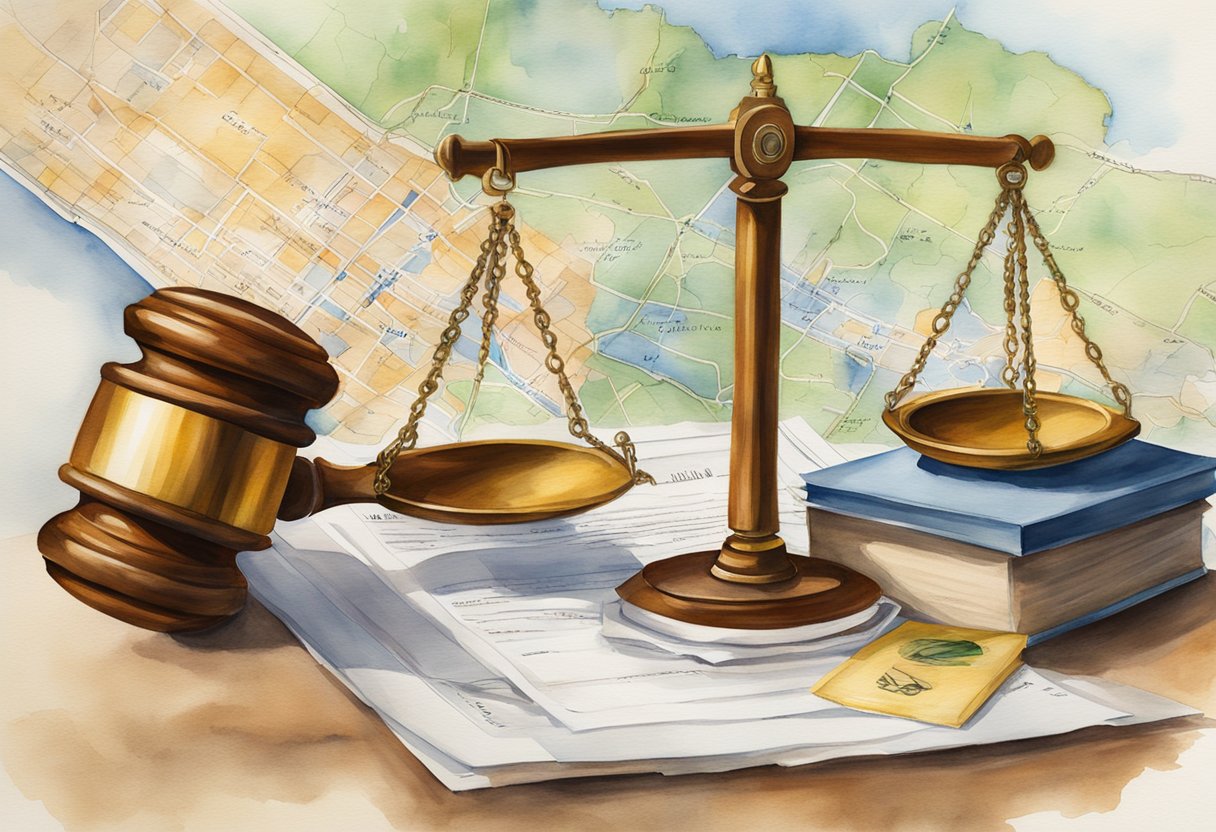 A scale balancing a gavel and a set of real estate documents, with a state map of West Virginia in the background