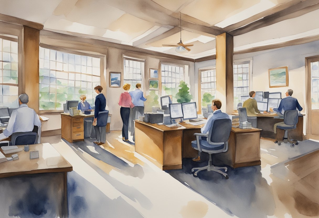 A bustling real estate office in West Virginia, with people seeking advice and information on investing