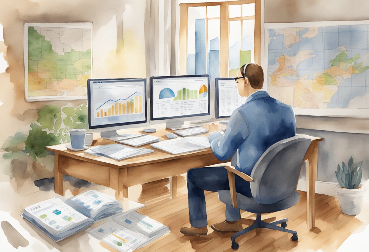 A person researching real estate market trends in Wisconsin, with charts, graphs, and maps spread out on a desk