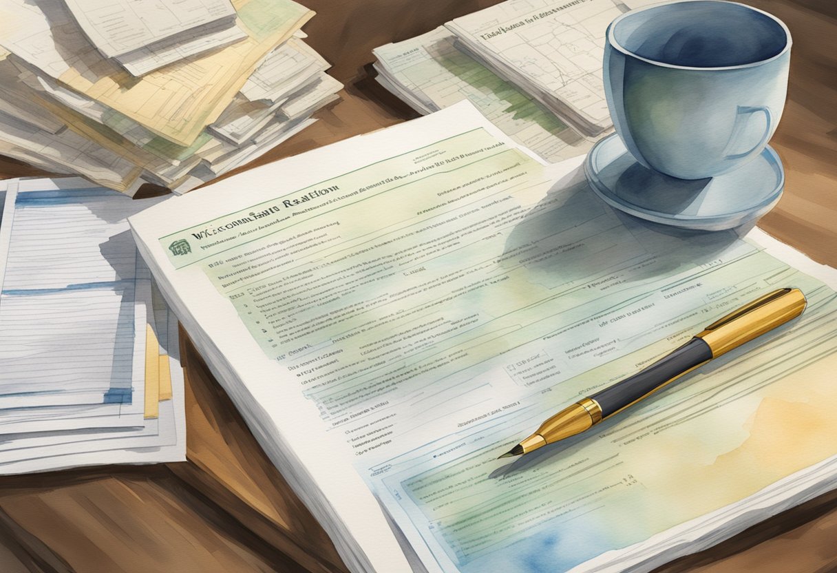 A stack of legal documents and a list of Wisconsin real estate regulations sit on a desk, alongside a map of the state