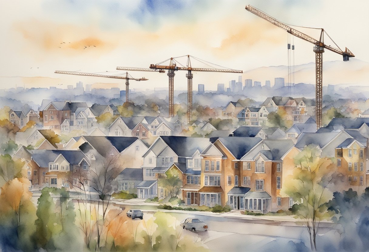 A bustling city skyline with construction cranes, suburban neighborhoods, and a mix of commercial and residential properties in Wisconsin