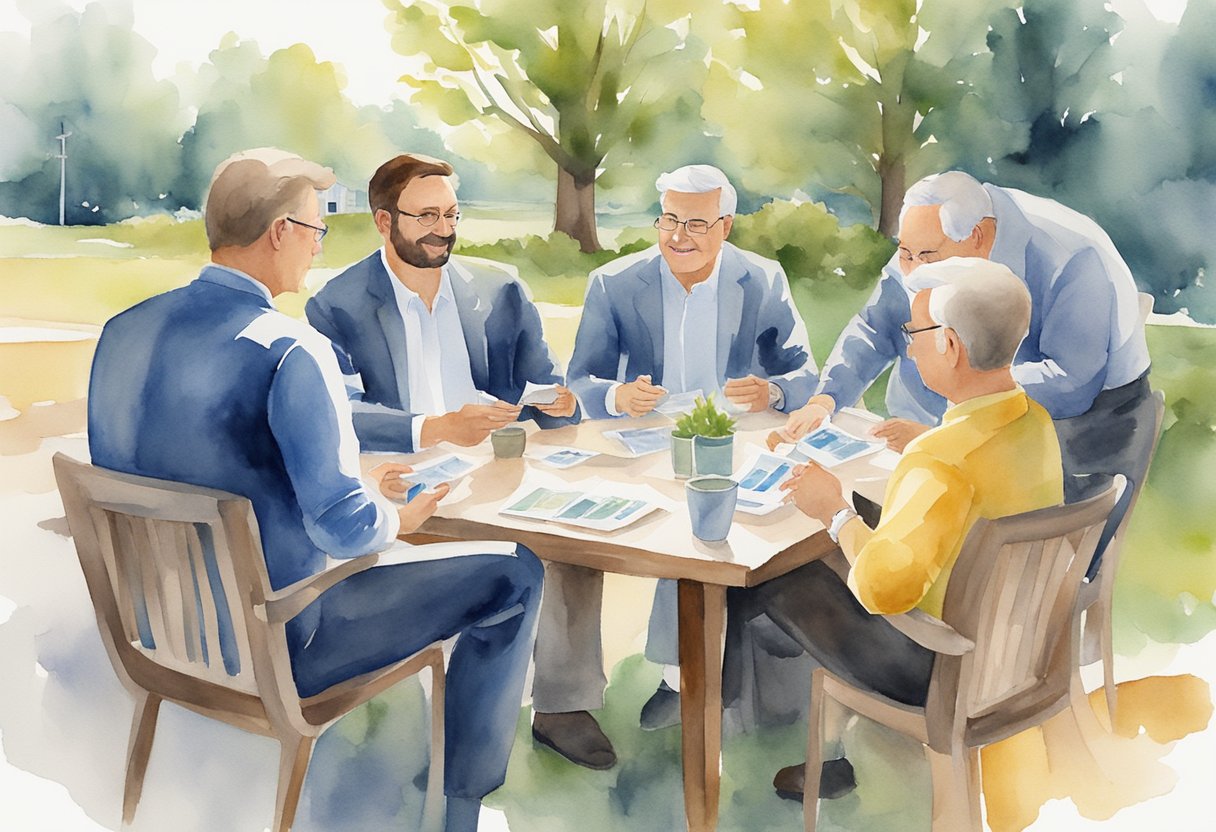 A group of real estate investors gather in Wisconsin, exchanging business cards and discussing property opportunities