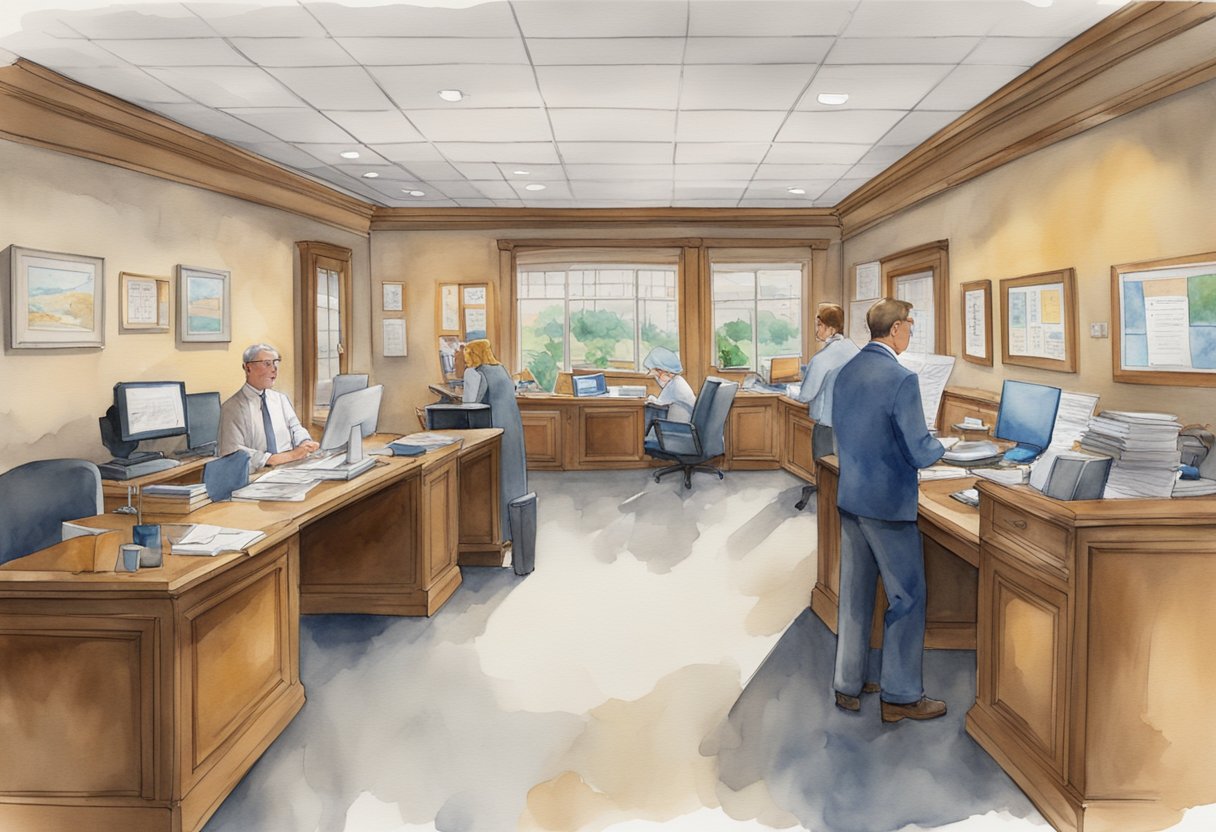 A bustling real estate office in Wisconsin, with agents fielding questions from potential investors. Maps and charts adorn the walls, while brochures and pamphlets are neatly displayed on the reception desk