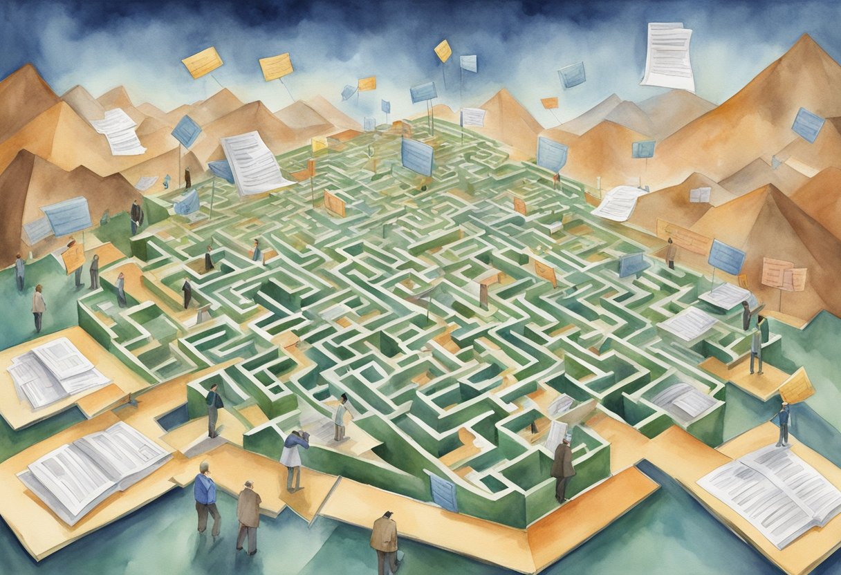 Investors navigating through a maze of legal documents and signs, with arrows pointing in different directions, representing the complex laws and regulations impacting real estate investing in Wyoming