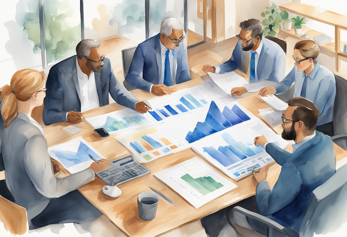 A group of professionals gather around a table, discussing real estate investment opportunities in Wyoming. Charts and graphs are spread out, and everyone is engaged in the conversation