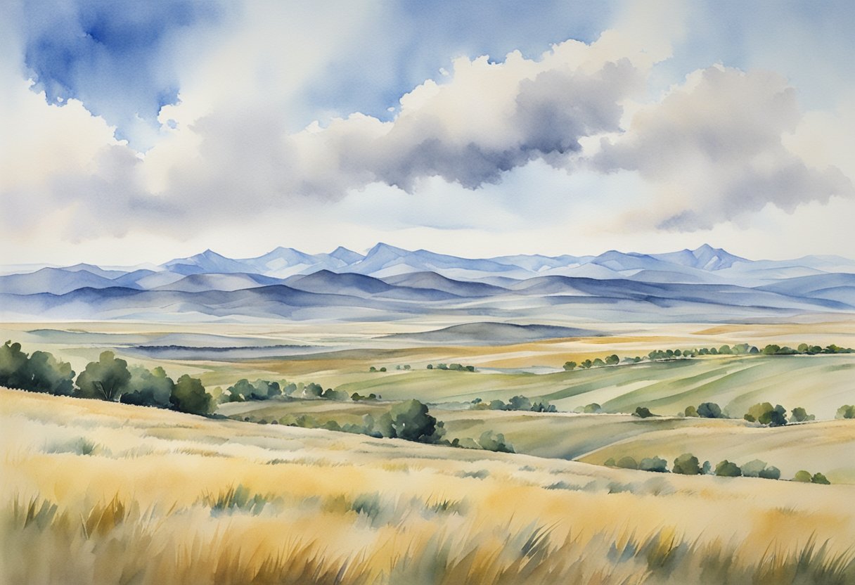 A vast landscape of rolling hills and open plains in Wyoming, with a backdrop of towering mountains and clear blue skies, showcasing the potential for property investment in the area