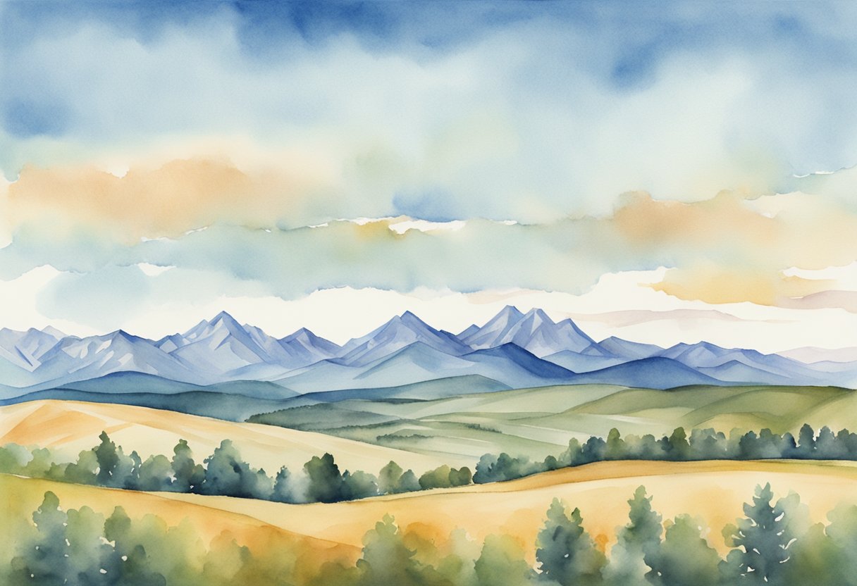 A graph showing rising real estate values in Wyoming, with a background of rolling hills and a clear blue sky