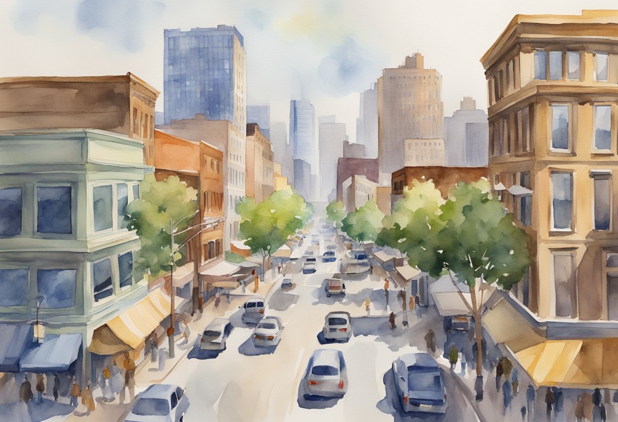 A bustling cityscape in Wyoming, with modern skyscrapers and bustling streets, showcasing the thriving commercial real estate market in the state