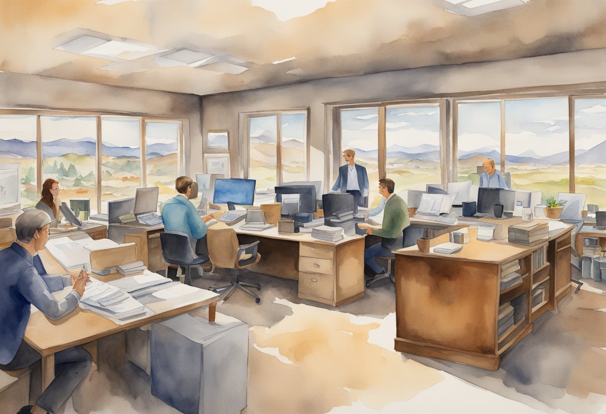 A bustling real estate office in Wyoming, with people discussing investment options and browsing through property listings