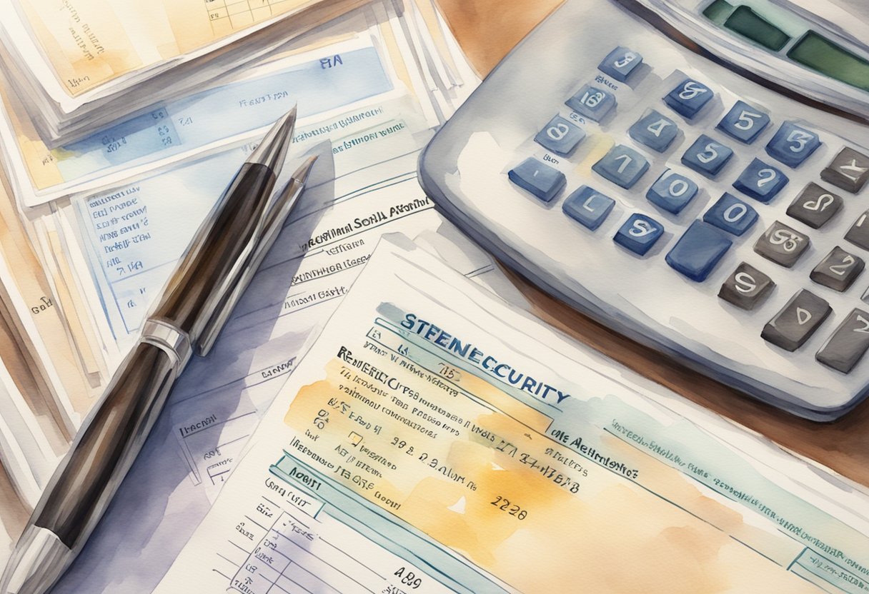 A stack of Social Security checks on a table, with a calculator and retirement planning documents nearby