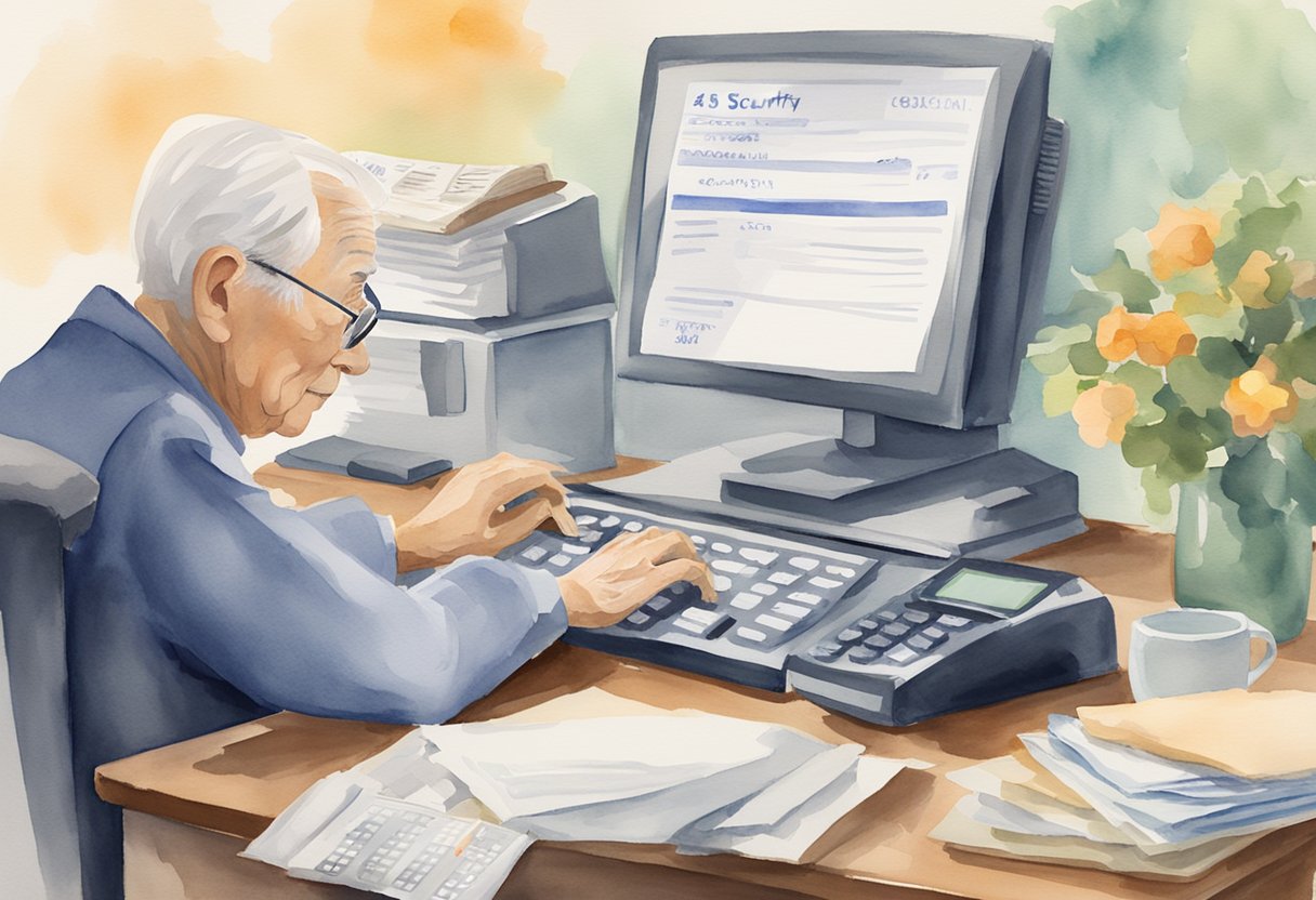 An elderly person typing on a computer with a stack of papers and a calculator on the desk. A Social Security check is visible with the average amount written on it