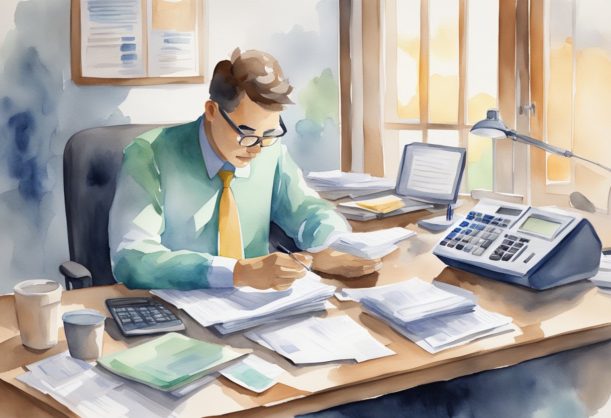 A person sitting at a desk with a calculator and paperwork, surrounded by medical bills and financial documents