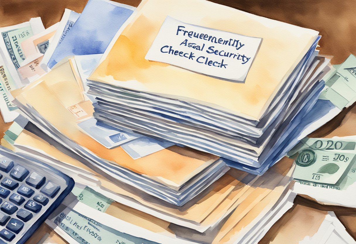 A stack of envelopes labeled "Frequently Asked Questions: What is the average social security check" sits on a desk, surrounded by scattered papers and a computer screen displaying financial data