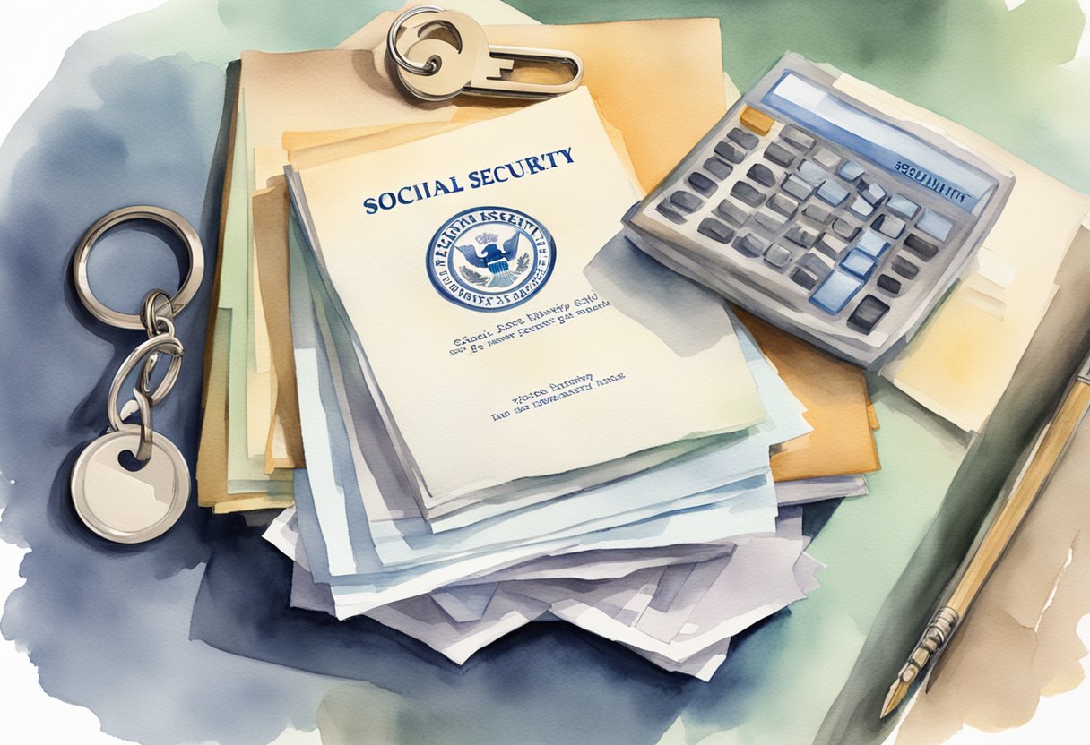 A stack of papers labeled "Social Security" sits on a desk, while a keychain with a nursing home key hangs nearby