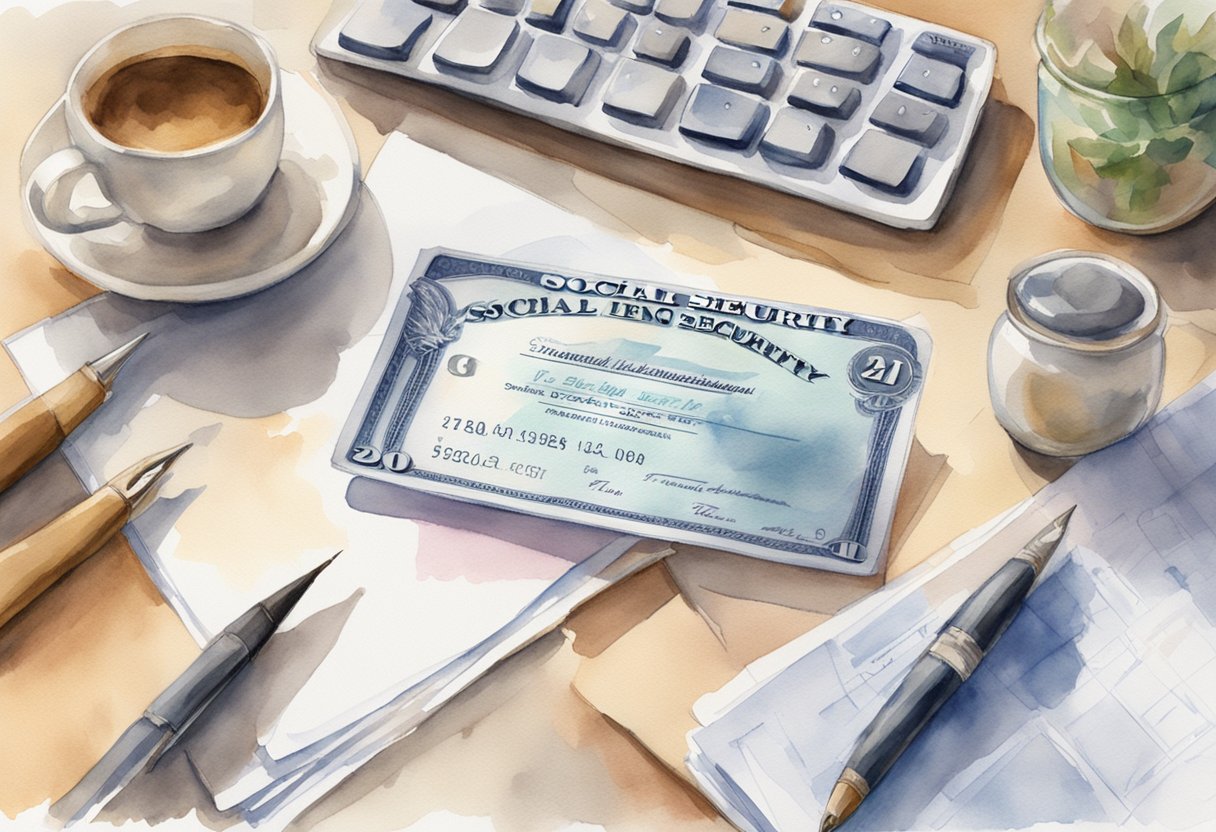 Social security card on a desk, alongside financial documents. A nursing home in the background, symbolizing the transition from independent living to long-term care