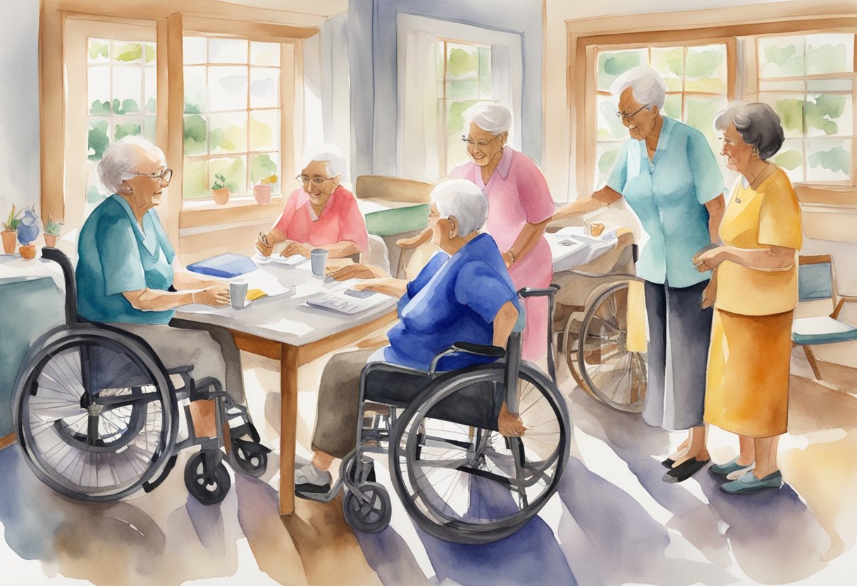 Residents in nursing homes receive social security benefits. Illustrate a nursing home setting with elderly residents and staff interacting, emphasizing the financial impact of social security
