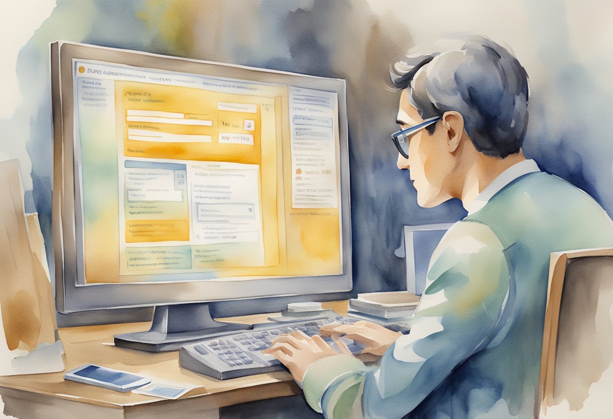 A person monitors a computer screen showing bank transactions for signs of overpayment and fraud