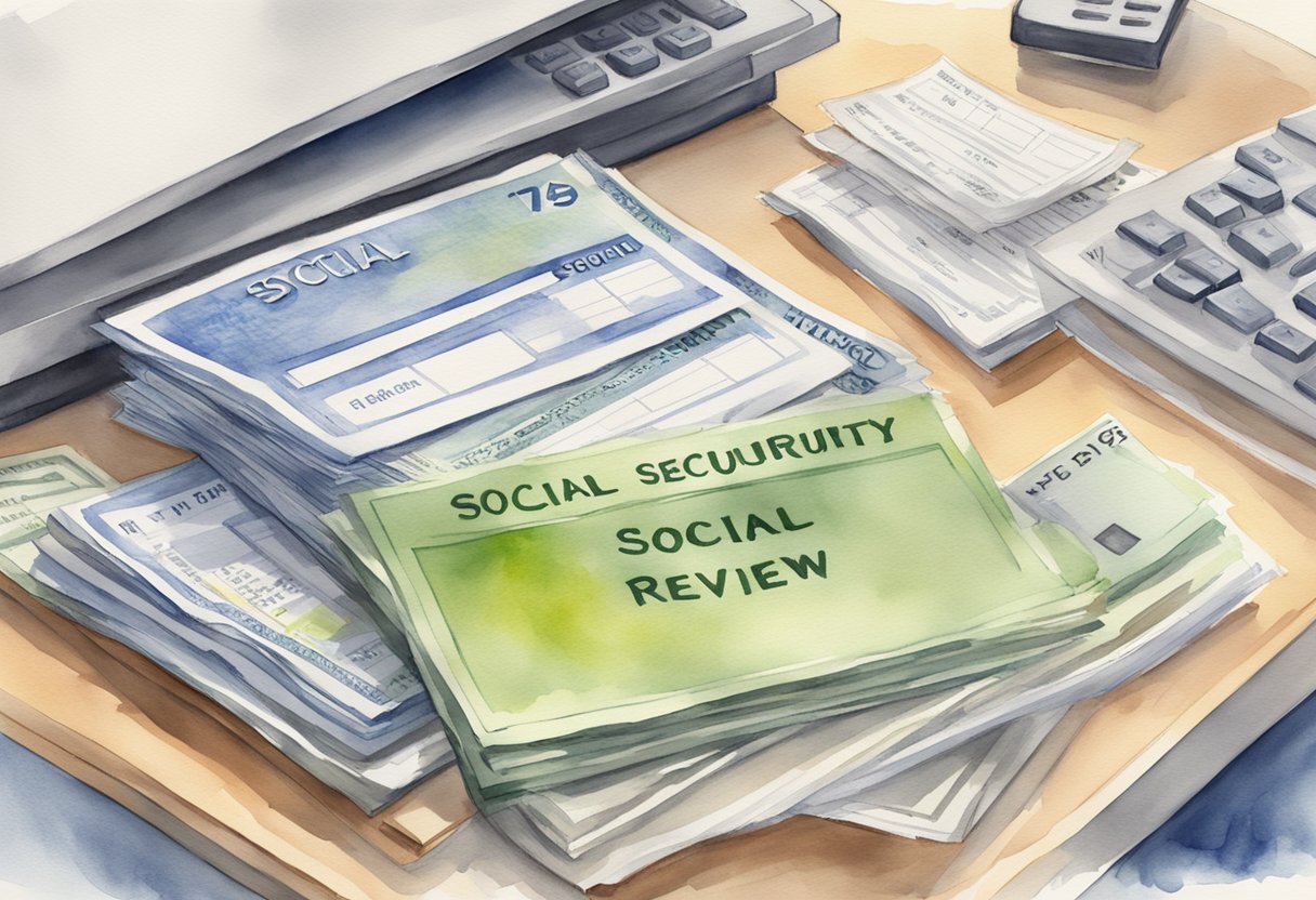 A stack of papers labeled "Social Security Review" sits on a desk next to a computer screen displaying bank account transactions