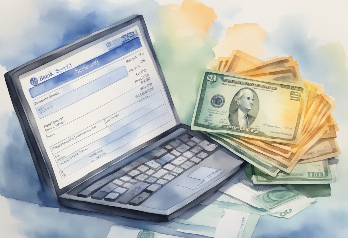 A stack of bank statements with a social security logo, a computer screen showing account activity, and a person's ID card