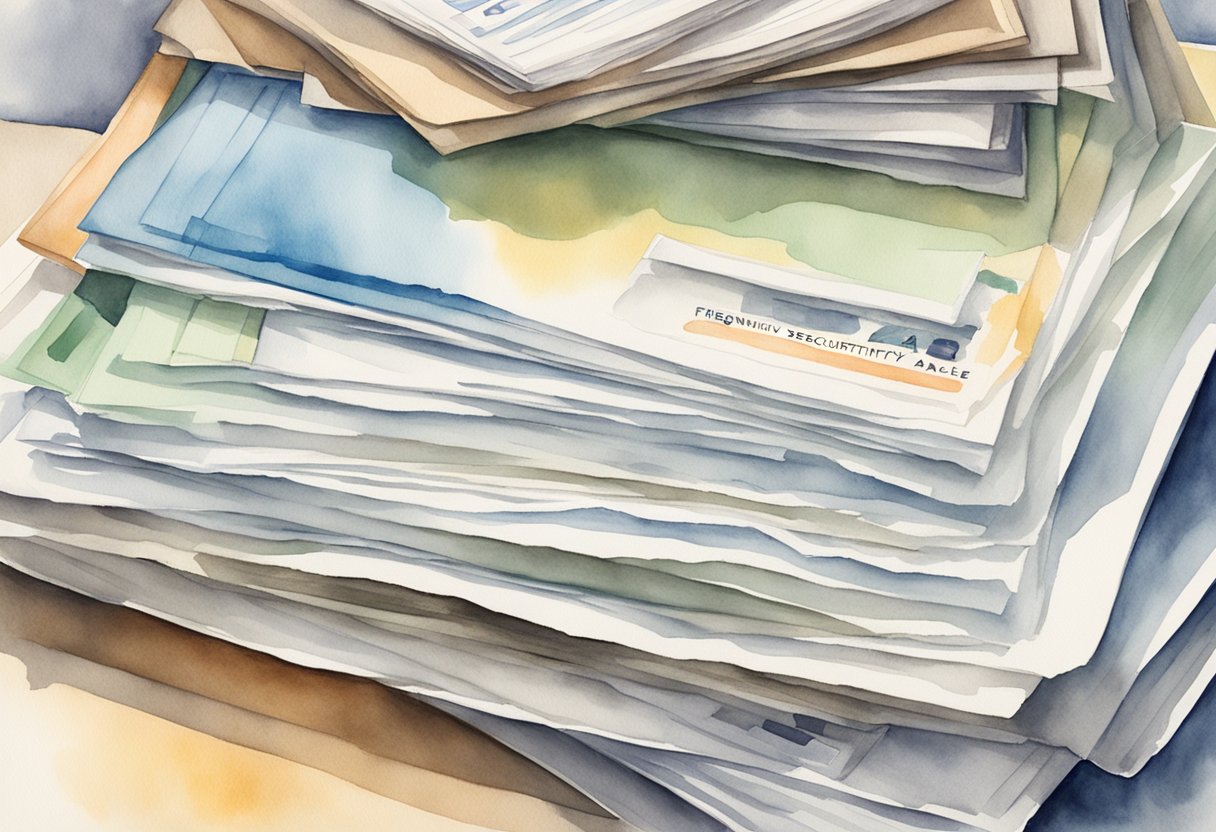 A stack of papers labeled "Frequently Asked Questions" with "Social Security 5 Year Rule" prominently displayed