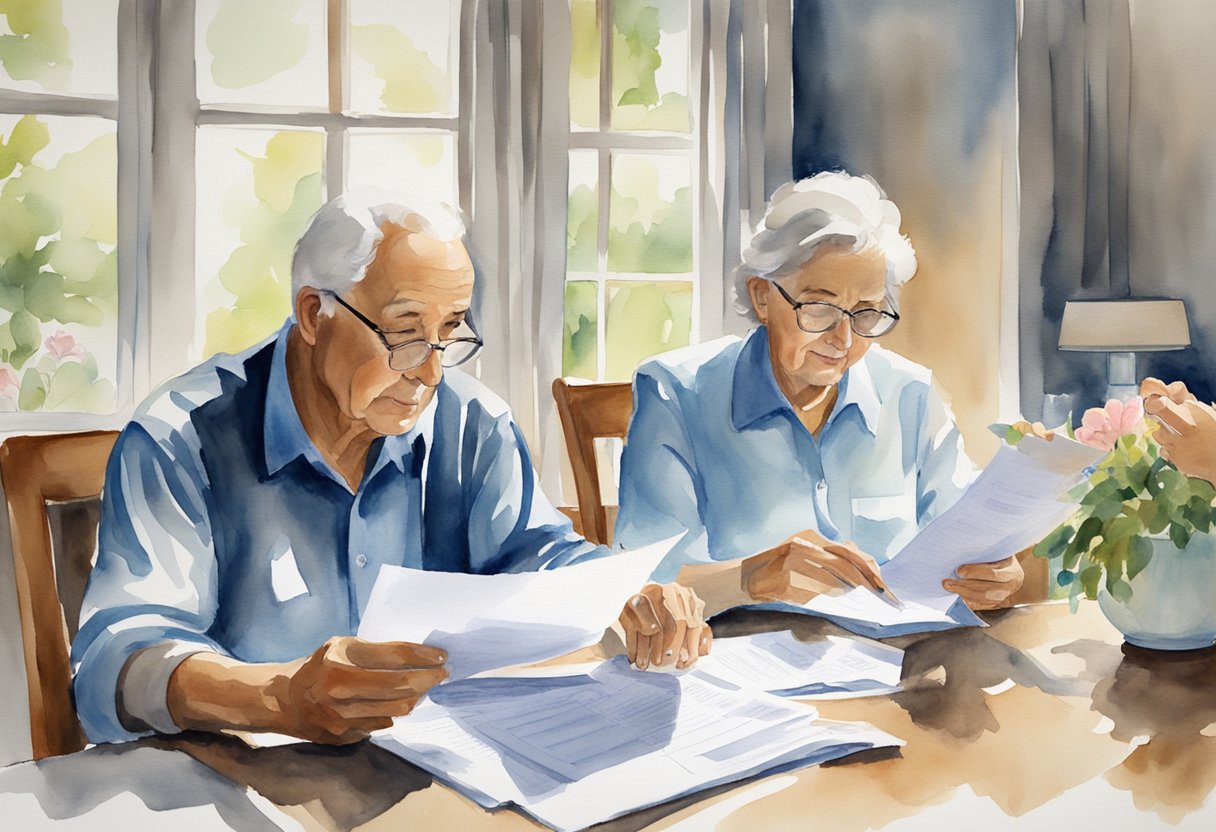 A couple sits at a table, reviewing retirement documents. Two Social Security checks are visible on the table. They appear to be discussing their retirement strategies