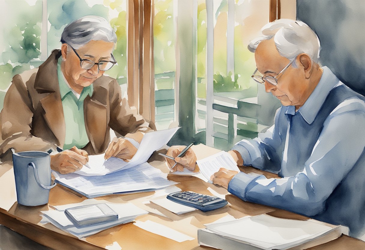 A couple sits at a table, reviewing paperwork. Two Social Security checks are visible on the table, along with a calculator and a notebook