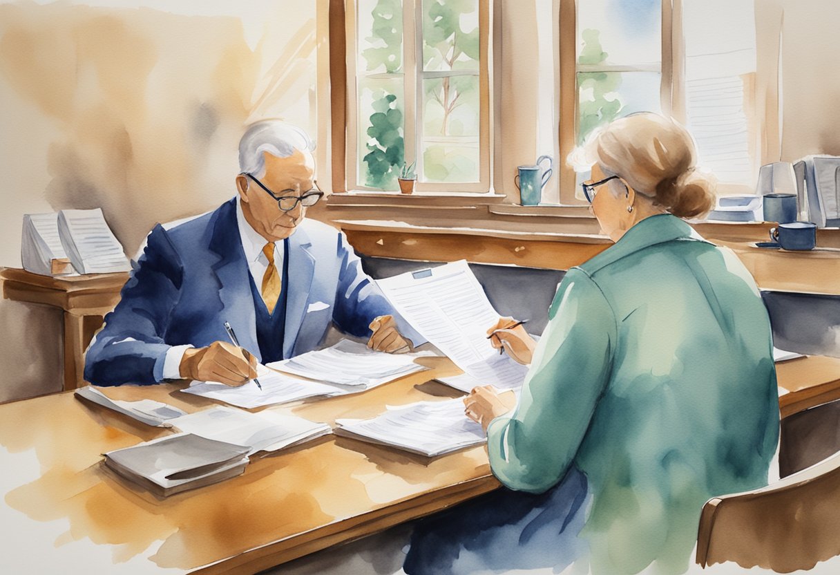 A married couple sits at a desk filling out benefit application forms. Two social security checks are visible on the table