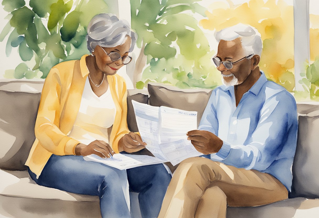 A couple sits together, reviewing their Social Security benefits. Two checks are visible, representing the maximized income for married couples