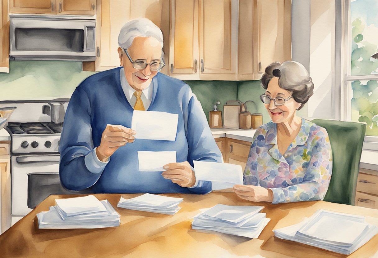 A married couple receives two social security checks, symbolized by two envelopes with the Social Security Administration logo, sitting on a kitchen table