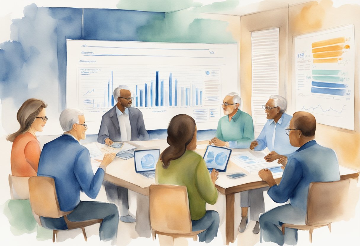 A group of people discussing Social Security, with a focus on the concept of the "social security loophole." Charts and graphs are displayed on a whiteboard, while individuals engage in lively conversation