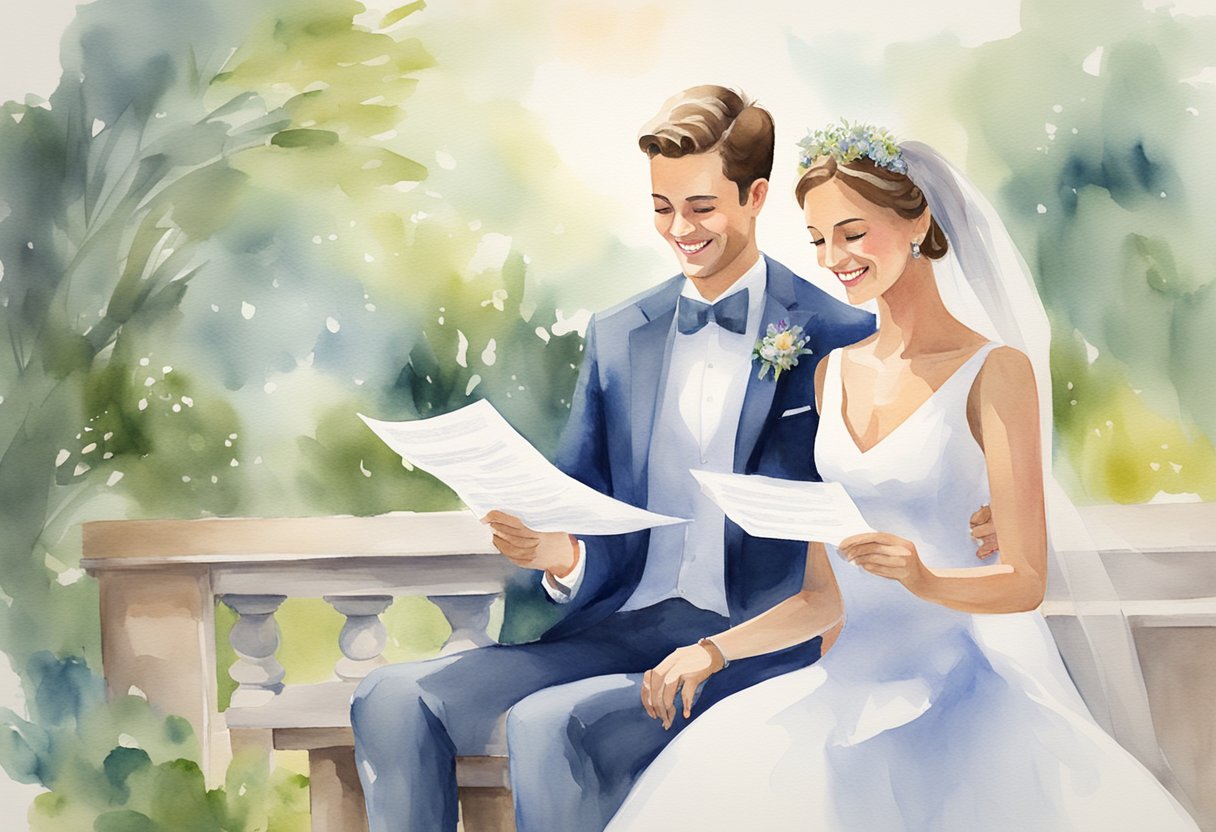 A couple celebrating their wedding with a marriage certificate and a stack of social security benefit documents