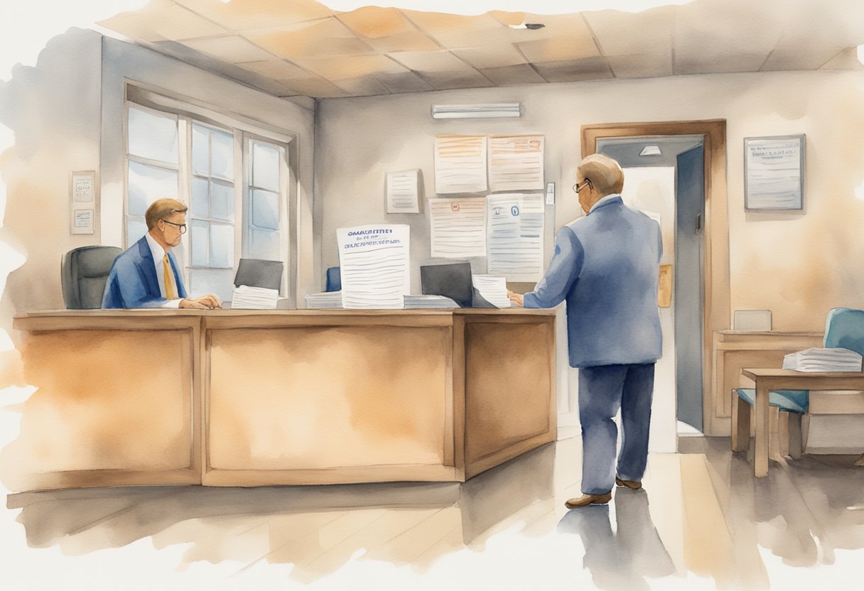 A person submitting paperwork to social security office, with a loophole sign in background