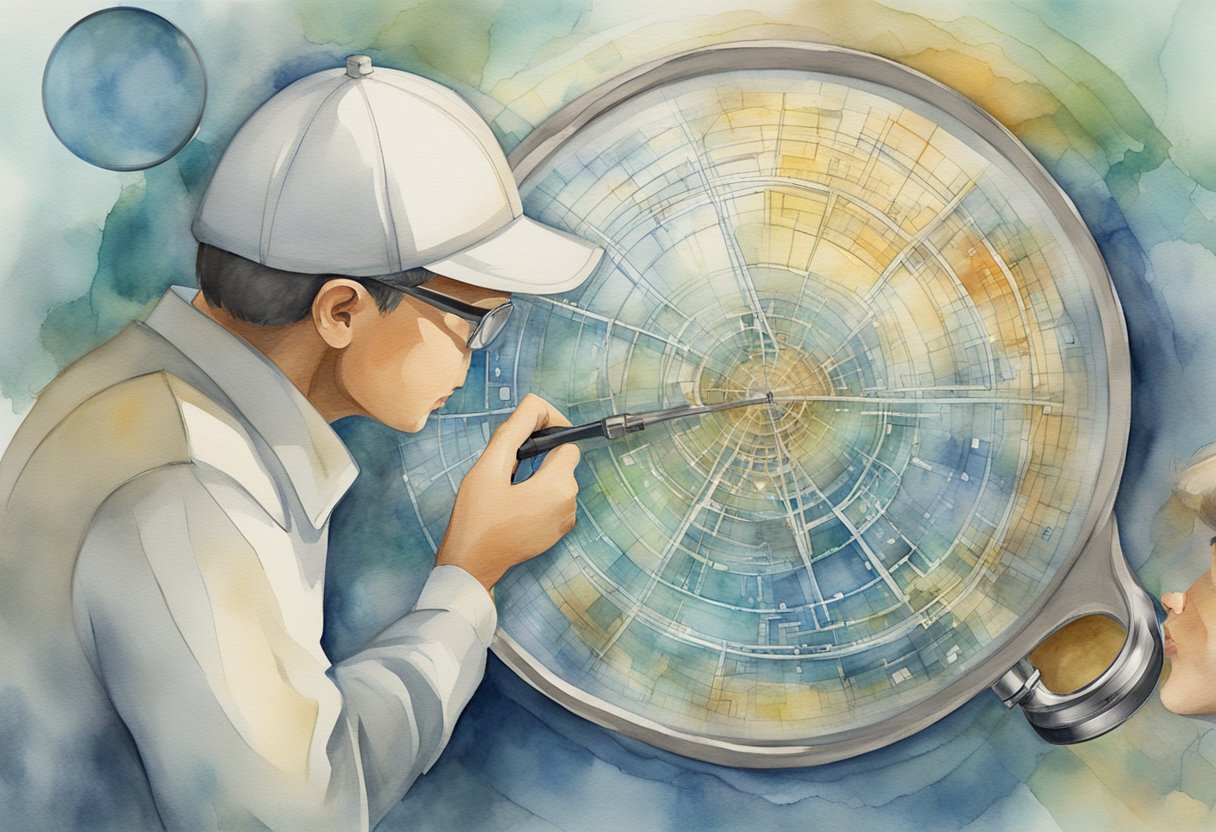 A person carefully examining a complex web of interconnected systems and regulations, with a magnifying glass highlighting a loophole in the social security network