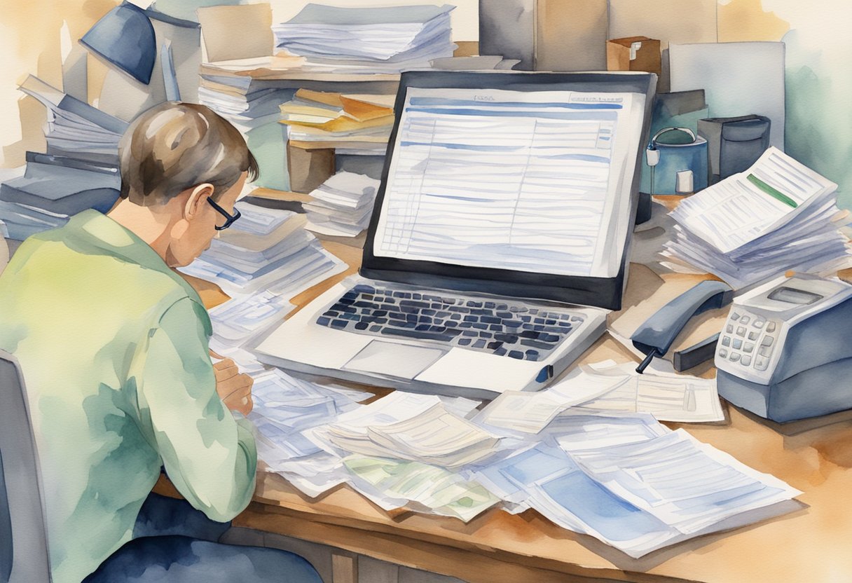 A person filling out Social Security forms at a cluttered desk, with a computer, paperwork, and a phone. A sense of frustration and confusion