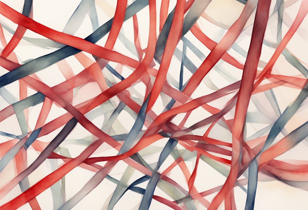A tangled web of red tape surrounds a question mark, symbolizing confusion and frustration