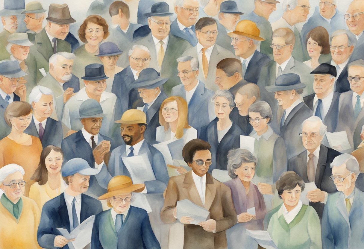 A large group of working individuals are shown contributing money into a common fund, symbolizing the various sources of funding for social security